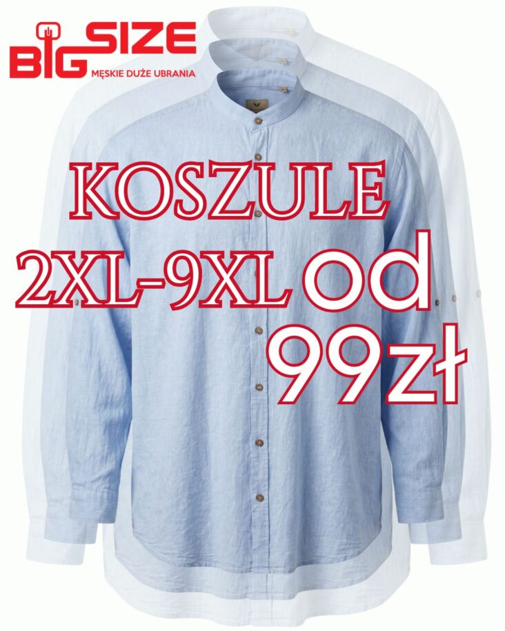 Koszule w rozmiarach 2XL - 9XL dostępne w Big Size. Obrazek reklamujący.