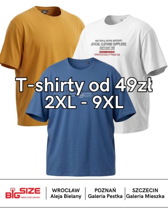 Szukasz koszulki męskiej 5XL, 6XL lub 9XL? Sprawdź porządne, bawełniane T-shirty od 49 zł w Big Size. Odwiedź nas stacjonarnie: Poznań, Wrocław, Szczecin!